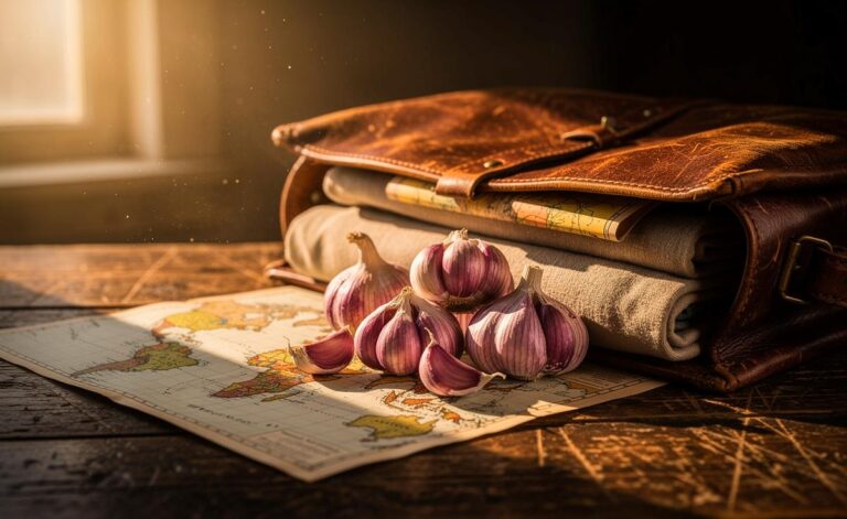 Illustration von einer geöffneten Reisetasche, aus der neben Kleidung und einer Weltkarte frische Knoblauchzehen hervorragen.