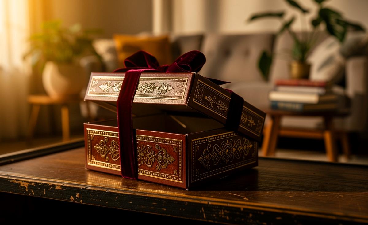 Illustration von leeren Pralinenschachteln, die als stilvolle Dekoration auf einem Regal arrangiert sind.