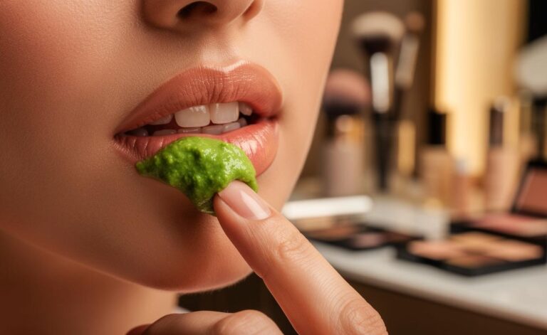 Illustration von zerdrückten grünen Erbsen, die als natürliches Peeling auf weiblichen Lippen sanft verrieben werden.